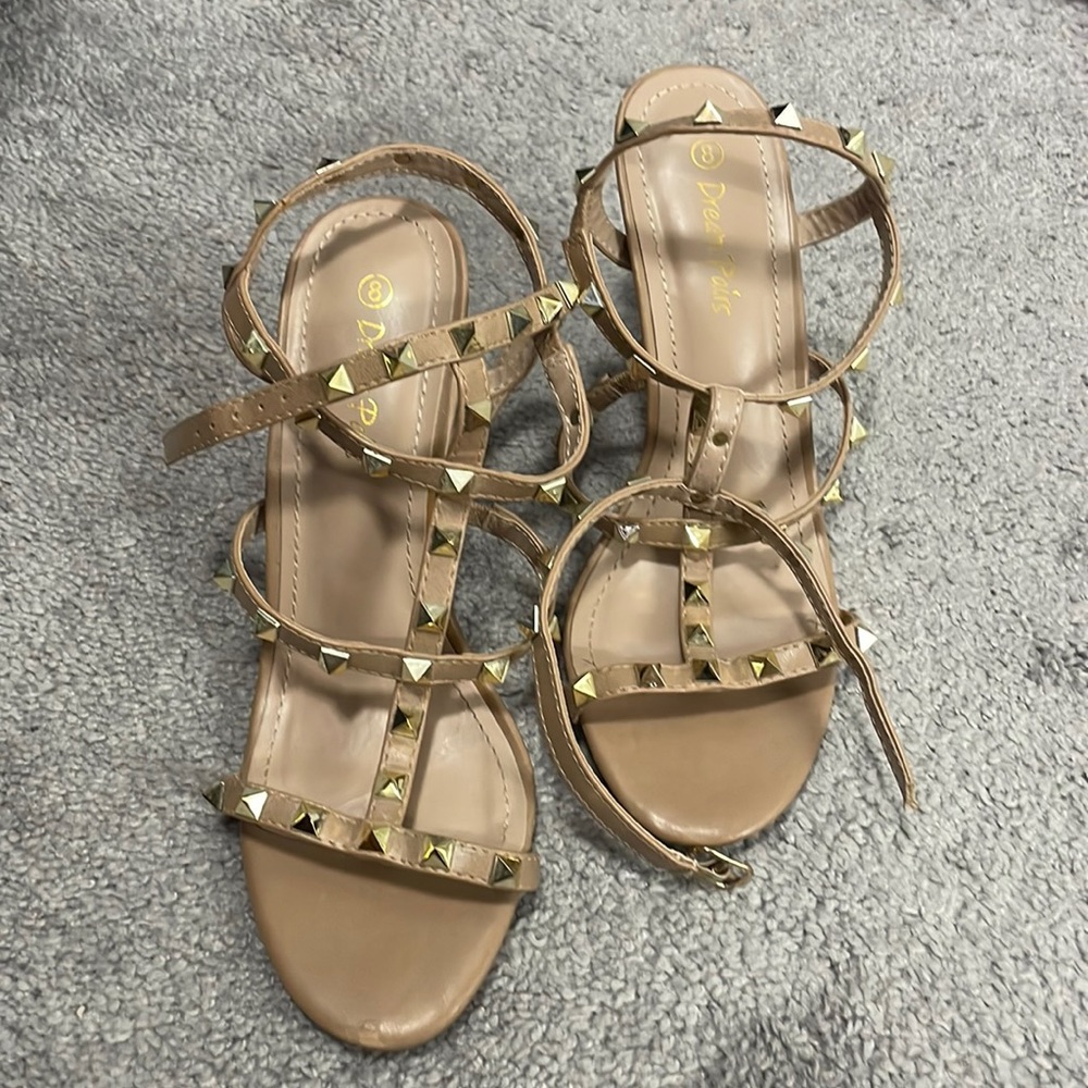 Tan and Gold Studded and Strappy Heels